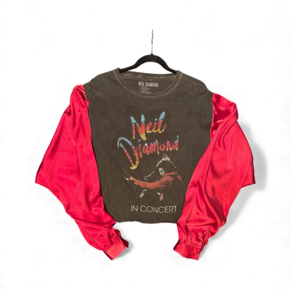 Neil Diamond Repurposed Black Graphic Tee with red silk sleeves